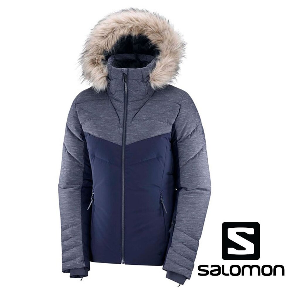 Salomon Warm Ambition Down Puffer Ski Jacket Large L Women Faux Fur Hood Winter